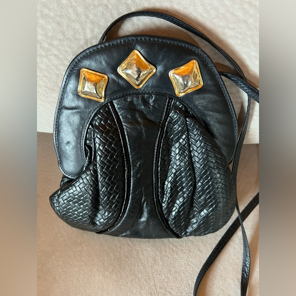 Vintage Black Genuine Leather Crossbody Bag Park Avenue USA Woven Hinged Purse